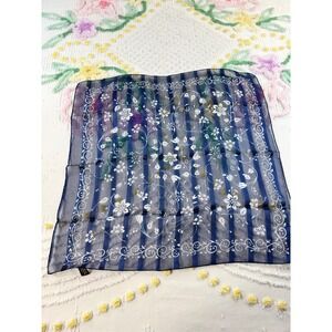 Vintage Made in Italy Navy Blue White Floral Striped Sheer Square Scarf 20x20